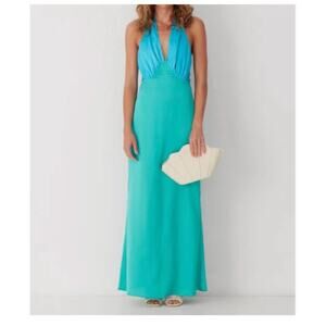 The Wolf Gang Oahu Slip Maxi Dress Blue Aquamarine Halter Neck Tie Silky Satin